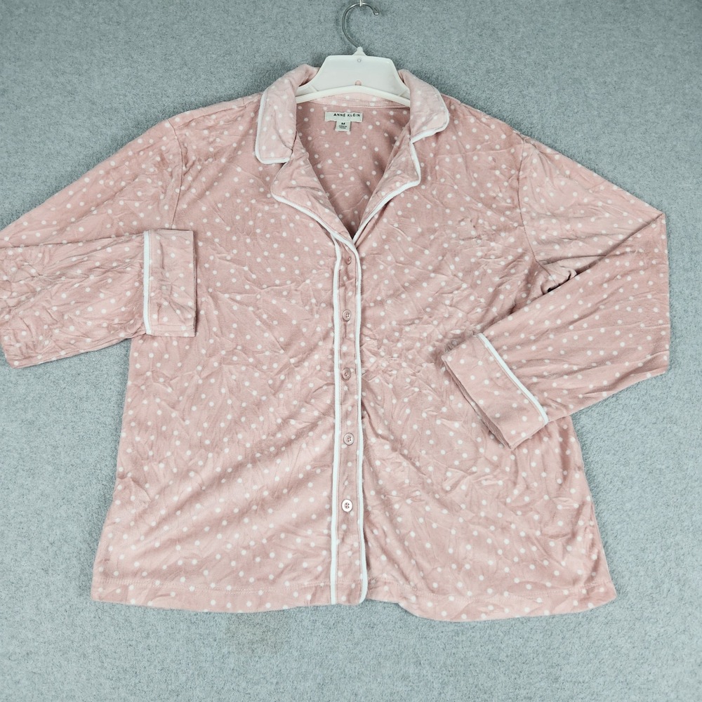Anne Klein Pajama Top Womens M Pink Polka Dot Fleece Relaxed Fit Button Front